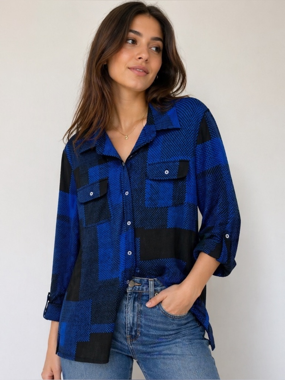 Karl lagerfeld button down blouse blue/black Small